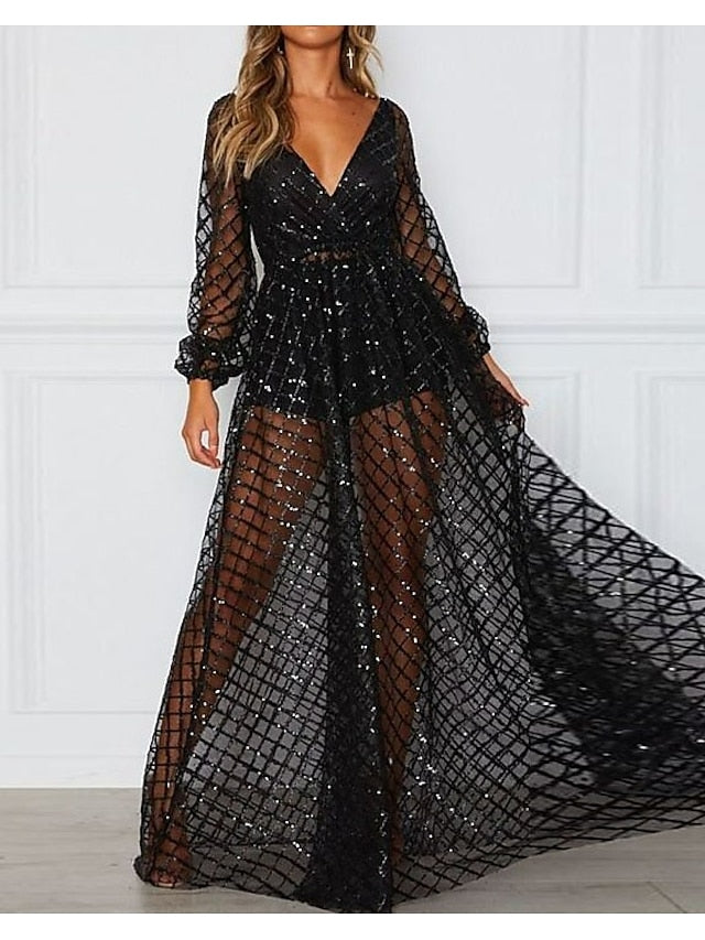 Women's Dress - Formal Party Dress Swing Dress Long Dress Maxi Dress Black Gold Long Sleeve Pure Color Mesh Winter Fall Spring V Neck Fashion Wedding Winter Dress 2023 S M L XL XXL