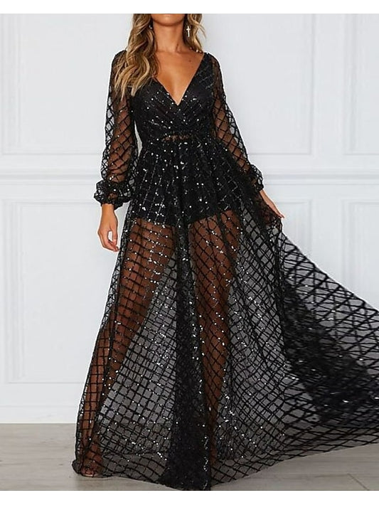 Women's Dress - Formal Party Dress Swing Dress Long Dress Maxi Dress Black Gold Long Sleeve Pure Color Mesh Winter Fall Spring V Neck Fashion Wedding Winter Dress 2023 S M L XL XXL
