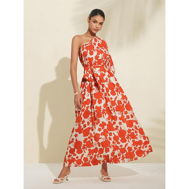 Floral Diagonal Neck Maxi Dress