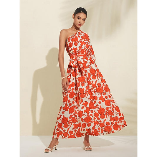 Floral Diagonal Neck Maxi Dress