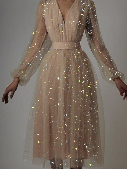 Women's Dress - Party Dress Wedding Guest Swing Dress Midi Dress Pink Short Sleeve Pure Color Sequins Mesh Spring Fall V Neck Hot Elegant Romantic Party 2023 S M L XL