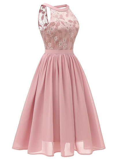 Women's Dress - Party Dress Wedding Guest Lace Dress A Line Dress Midi Dress Pink Wine Navy Blue Sleeveless Pure Color Lace Summer Spring Halter Party Slim 2023 S M L XL XXL