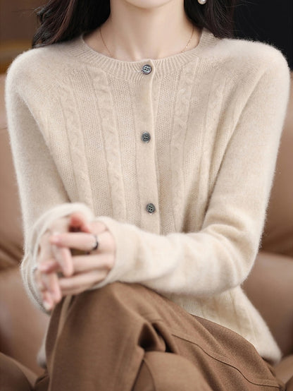 Women's Cardigan Sweater Jacket Crew Neck Cable Knit Polyester Button Knitted Fall Winter Regular Outdoor Daily Going out Streetwear Stylish Casual Long Sleeve Pure Color White Brown Apricot S M L