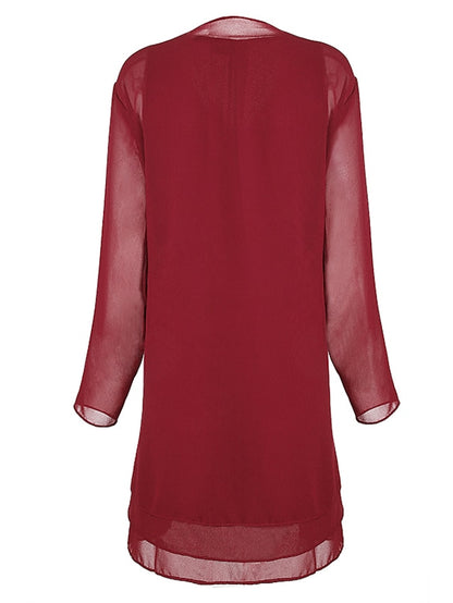 Women's Dress - Dress Set Two Piece Dress Church Dress Midi Dress Light Pink Black Wine Long Sleeve Pure Color Chiffon Summer Spring Crew Neck Stylish Winter Dress Fall Dress 2023 XL XXL 3XL 4XL 5XL