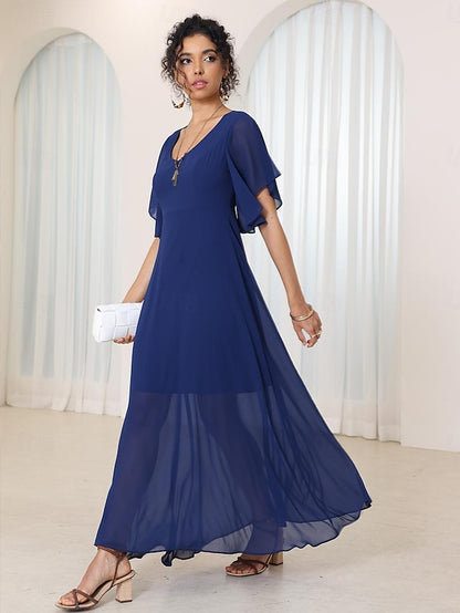 Women's A Line Dress Maxi Dress Chiffon Ruffle Party Elegant V Neck Sleeveless Dark Blue Color
