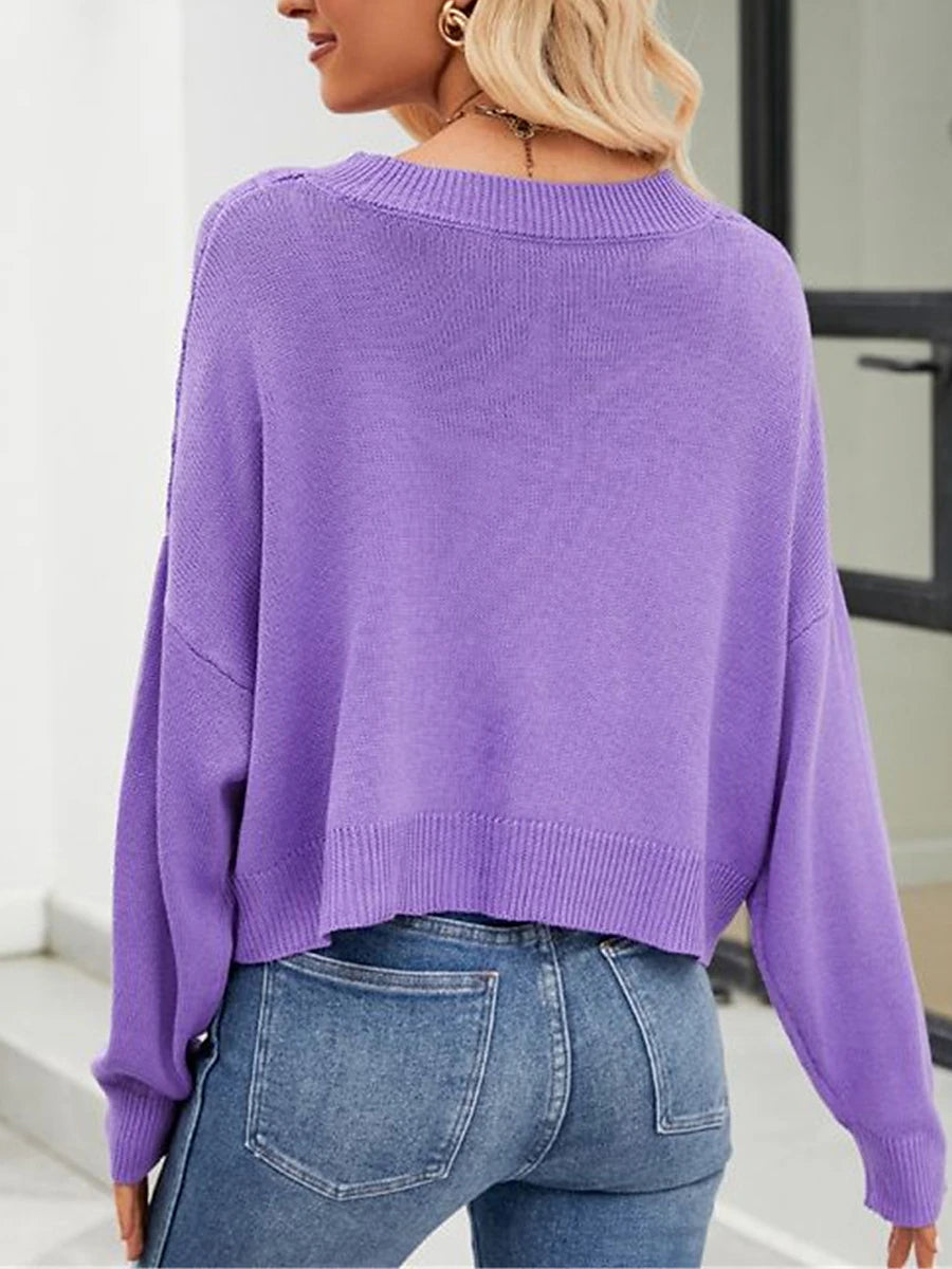 Women's Cardigan Sweater V Neck Ribbed Knit Polyester Button Summer Spring Cropped Daily Going out Weekend Stylish Casual Soft Long Sleeve Solid Color Blue Purple Green S M L