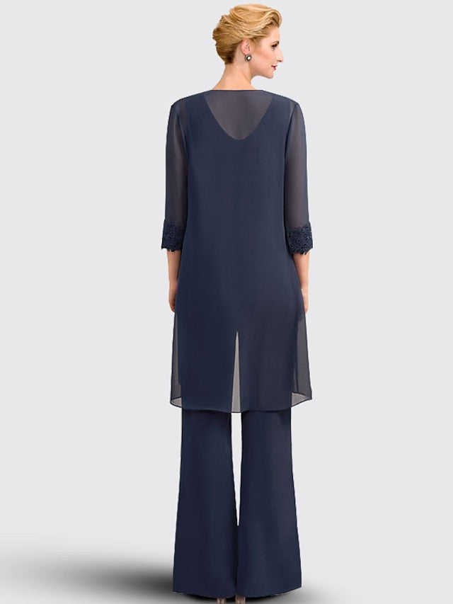 Jumpsuit / Pantsuit 3 Piece Mother of the Bride Dress Formal Plus Size Elegant Jewel Neck Floor Length Chiffon Lace Sleeveless with Appliques 2023 - LuckyFash™