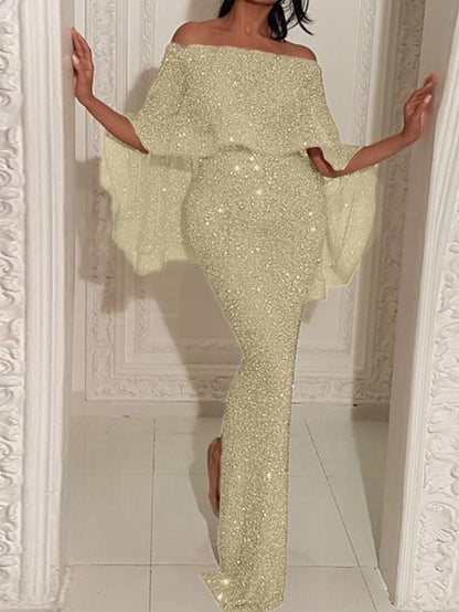 Women's Dress - Formal Party Dress Cocktail Dress Long Dress Maxi Dress Silver Black Champagne Half Sleeve Pure Color Cold Shoulder Winter Fall Spring Off Shoulder Mature Evening Party Wedding