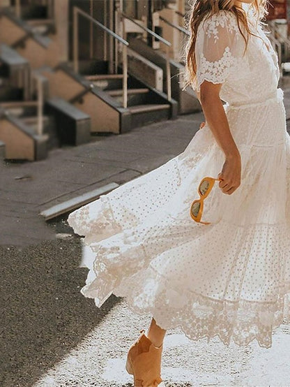 Women's Dress - Party Dress Lace Dress Swing Dress Long Dress Maxi Dress White Short Sleeve Pure Color Lace Summer Spring V Neck Elegant 2023 S M L XL XXL 3XL