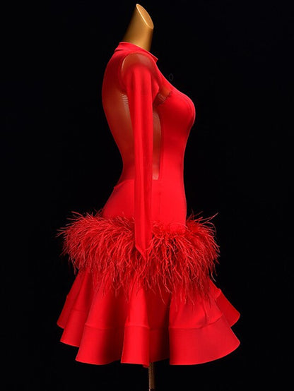 Latin Dance Ballroom Dance Latin Salsa Dance Dress Feathers Rhinestone Women's Girls' Training Performance Long Sleeve - LuckyFash™