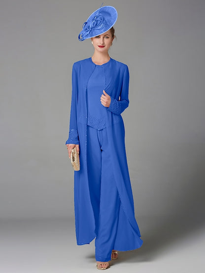 Jumpsuit / Pantsuit 3 Piece Mother of the Bride Dress Formal Plus Size Elegant Wrap Included Bateau Neck Floor Length Chiffon Sleeveless with Beading Appliques 2023 - LuckyFash™