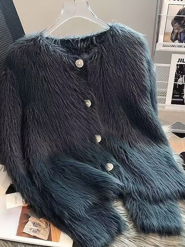 Women's Cardigan Sweater Crew Neck Ribbed Knit Polyester Imitation Mink Faux Fur Trim Fall Winter Daily Going out Weekend Stylish Casual Soft Long Sleeve Solid Color Black White Pink One-Size