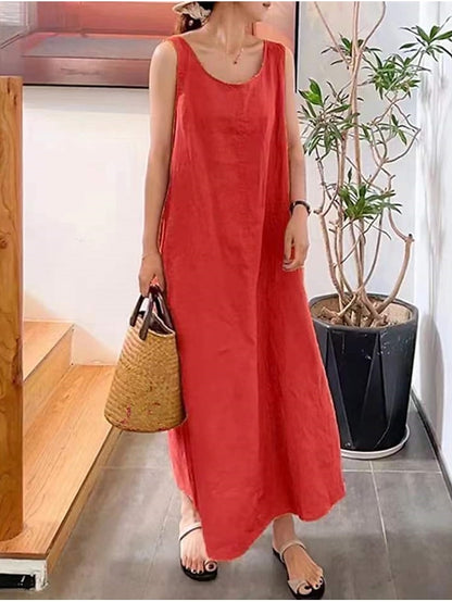 Women's Dress - Cotton Linen Dress Casual Dress Shift Dress Maxi long Dress Cotton Blend Basic Casual Daily Holiday Vacation Crew Neck Pocket Sleeveless Summer Spring 2023 Loose Fit Yellow Pink Red Pure Color