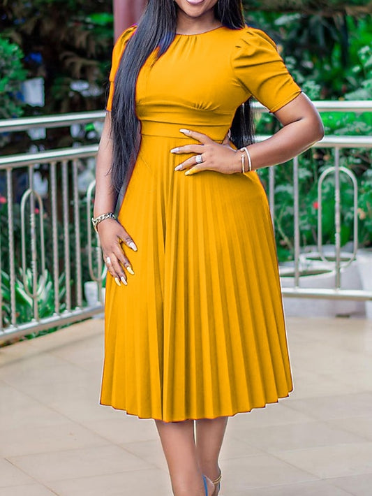 Women's Dress - Casual Dress Church Dress Midi Dress Yellow Red Blue Short Sleeve Pure Color Ruched Summer Spring Crew Neck Casual 2023 S M L XL XXL 3XL