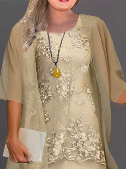 Women's Dress - Plus Size Casual Dress Floral Crew Neck Lace Half Sleeve Spring Fall Casual Midi Dress Daily Holiday Dress