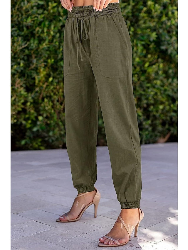 Women's Joggers Faux Linen Plain Black Khaki Fashion High Waist Full Length Street Daily