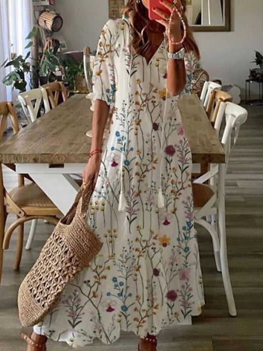 Women's Dress - Casual Dress Long Dress Maxi Dress White Short Sleeve Floral Ruched Summer Spring V Neck Stylish 2023 S M L XL 2XL 3XL