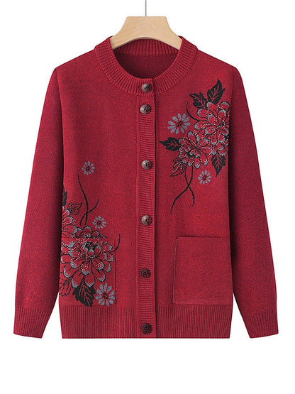 Women's Cardigan Sweater Crew Neck Ribbed Knit Polyester Button Pocket Fall Winter Outdoor Holiday Going out Stylish Casual Soft Long Sleeve Floral claret Grass Green Leather Pink XL 2XL 3XL