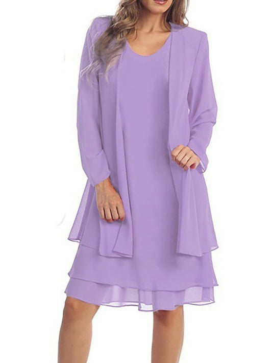 Women's Dress - Dress Set Two Piece Dress Church Dress Midi Dress Light Pink Black Wine Long Sleeve Pure Color Chiffon Summer Spring Crew Neck Stylish Winter Dress Fall Dress 2023 XL XXL 3XL 4XL 5XL