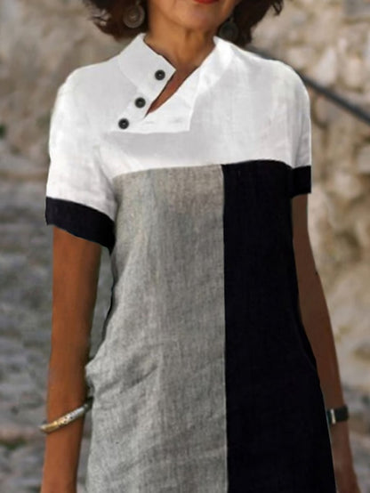 Women's Dress - Casual Dress Cotton Linen Dress Shift Dress Midi Dress Cotton Blend Modern Casual Daily Vacation V Neck Patchwork Button Short Sleeve Summer Spring 2023 Regular Fit White Color Block S M L XL