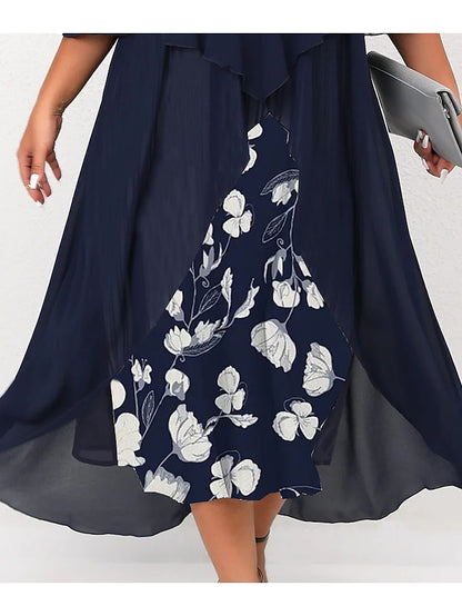 Women's Plus Size Curve Work Dress Floral V Neck Ruched 3/4 Length Sleeve Spring Summer Work Elegant Midi Dress  Layered Formal Vacation Dress - LuckyFash™