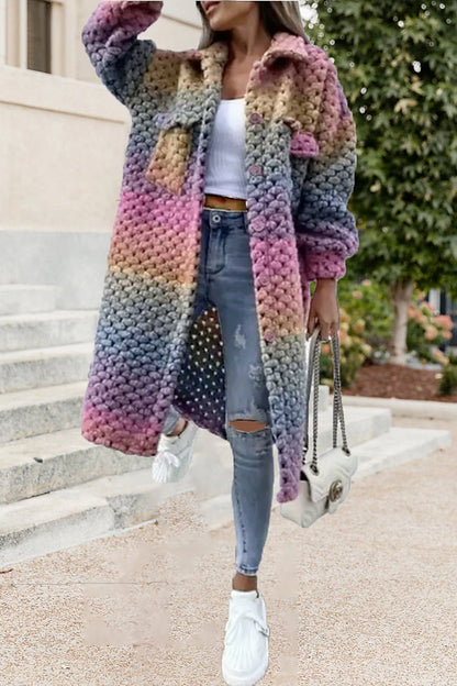 Women's Cardigan Sweater Shirt Collar Chunky Crochet Knit Polyester Pocket Knitted Fall Winter Long Outdoor Daily Going out Stylish Casual Soft Long Sleeve Color Gradient Purple S M L