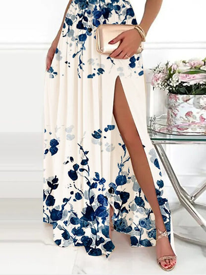 Women's Dress - Long Dress Maxi Dress White Sleeveless Floral Ruched Fall Spring Autumn One Shoulder 2023 S M L XL XXL 3XL
