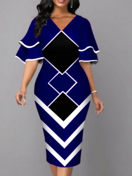 Women's Dress - Bodycon Sheath Dress Modern Dress Midi Dress Yellow Wine Royal Blue Half Sleeve Print Ruffle Summer Spring V Neck Stylish 2023 S M L XL XXL 3XL 4XL 5XL