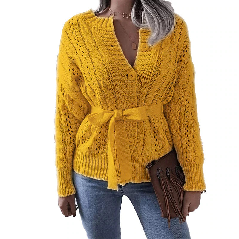Women's Cardigan Sweater Jumper Cable Knit Lace up Button Pure Color Crew Neck Stylish Casual Outdoor Daily Winter Fall Purple Yellow S M L / Cotton / Long Sleeve / Cotton / Holiday / Regular Fit