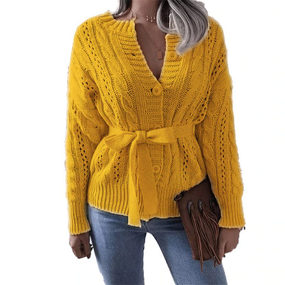Women's Cardigan Sweater Jumper Cable Knit Lace up Button Pure Color Crew Neck Stylish Casual Outdoor Daily Winter Fall Purple Yellow S M L / Cotton / Long Sleeve / Cotton / Holiday / Regular Fit
