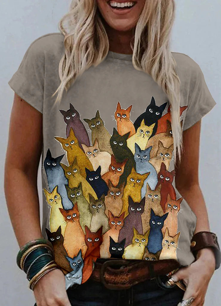 Graphic Cat Print Women's T-shirt with Shoulder Cut-outs