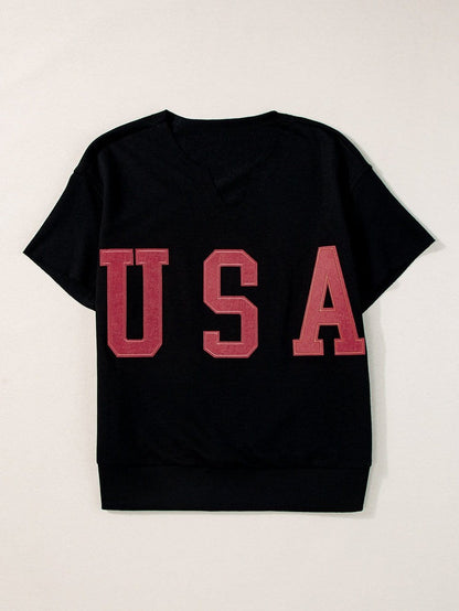 USA Letter Patch V-Neck Casual Tee - Black