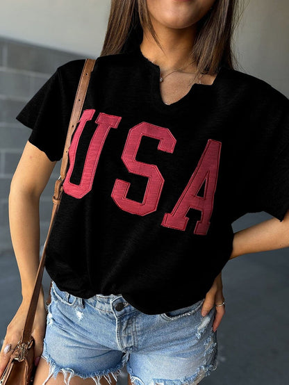 USA Letter Patch V-Neck Casual Tee - Black