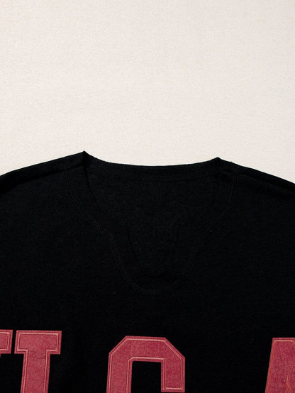 USA Letter Patch V-Neck Casual Tee - Black