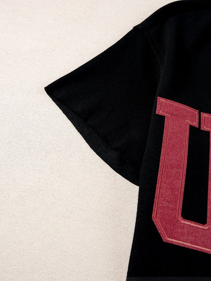 USA Letter Patch V-Neck Casual Tee - Black