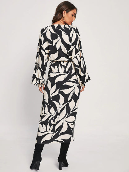 Leaf Floral Wrap Dress Tencel Midi Dress Black And White Print