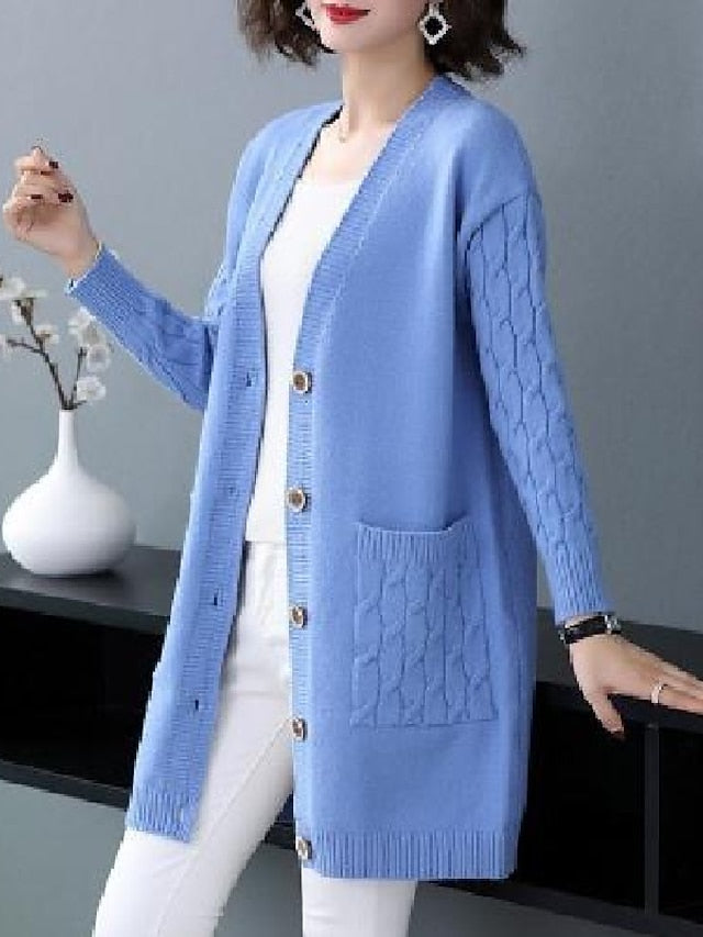 Women's Cardigan Pocket Solid Color Stylish Basic Casual Long Sleeve Regular Fit Sweater Cardigans V Neck Fall Spring Blue Black Camel / Going out