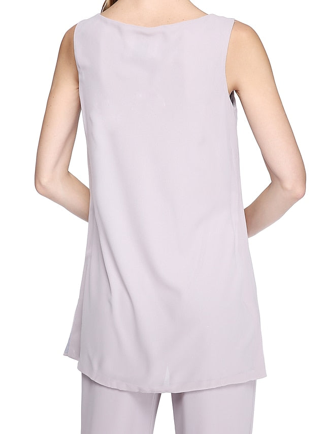 Jumpsuit / Pantsuit Mother of the Bride Dress Plus Size Elegant Bateau Neck Floor Length Chiffon Sleeveless yes with Solid Color 2023 - LuckyFash™