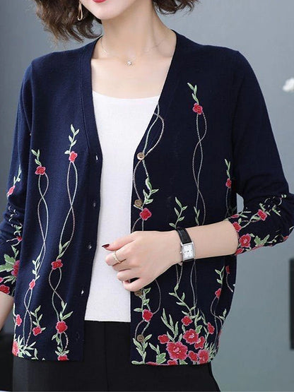 Women's Cardigan Sweater V Neck Ribbed Knit Polyester Button Print Fall Winter Outdoor Daily Holiday Stylish Casual Soft Long Sleeve Animal Floral Rose black Chain black Rose navy blue S M L