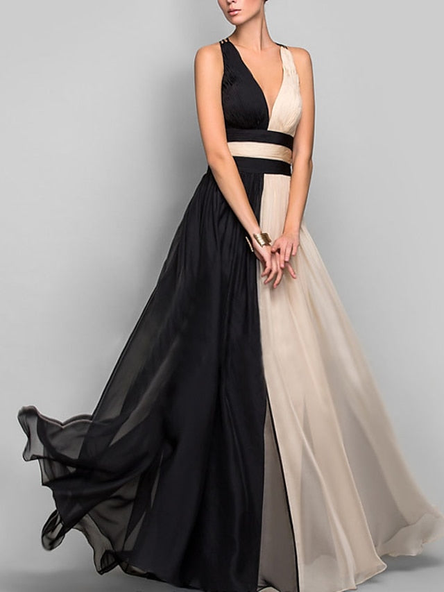 Women's Dress - Party Dress Swing Dress Long Dress Maxi Dress Black Sleeveless Color Block Backless Fall Spring Summer V Neck Party Wedding Guest 2023 S M L XL