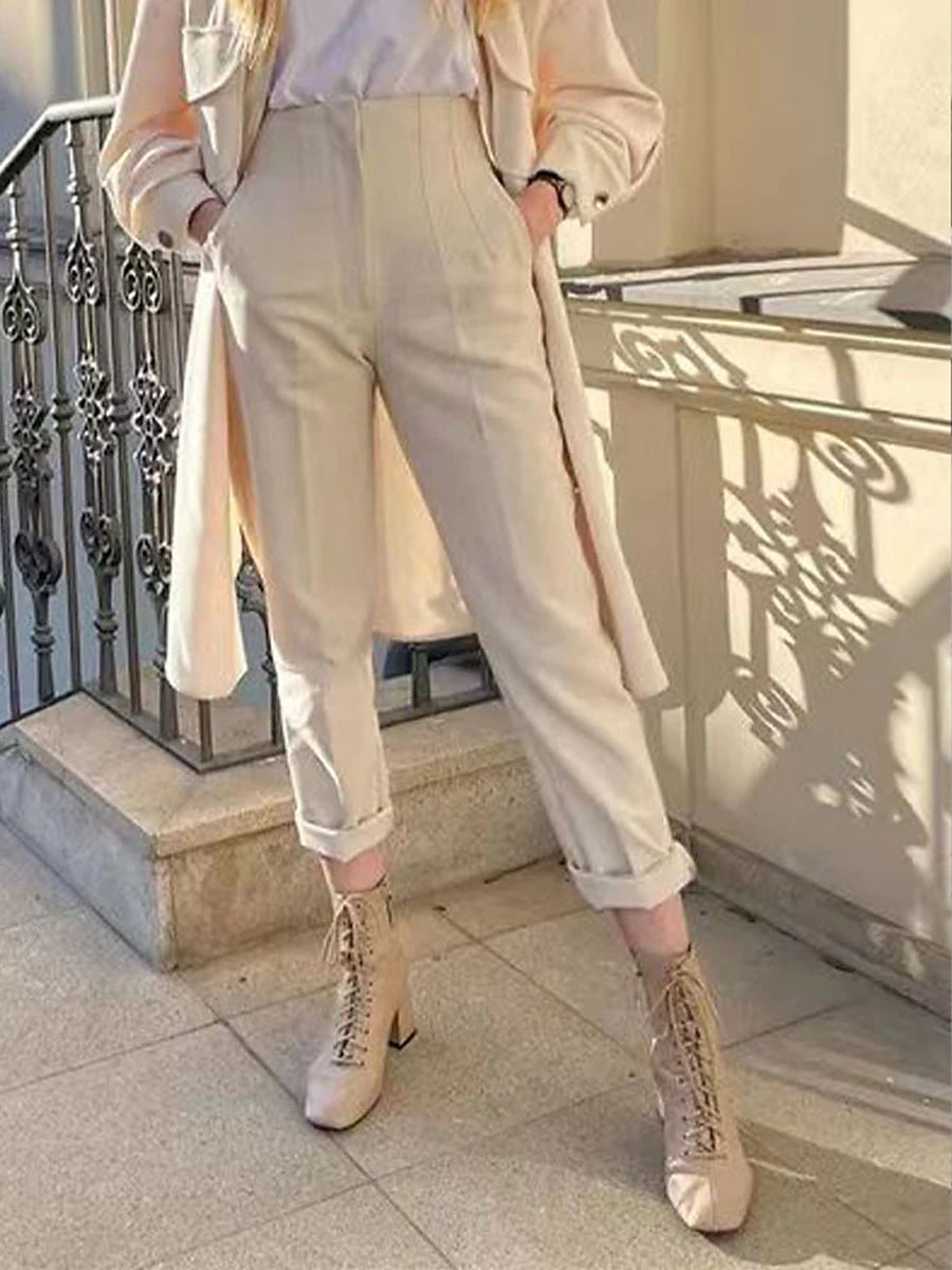 Women's Dress Pants Polyester Solid Color claret Orange red Fashion High Waist Full Length Office Street Fall Winter