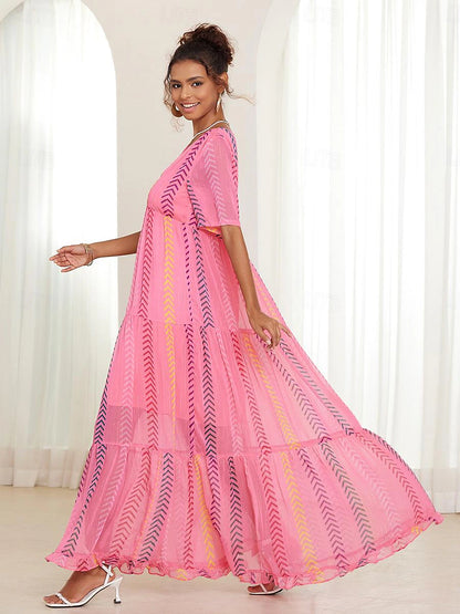 Women's Chiffon Print V Neck Long Dress Maxi Dress Party Short Sleeve Summer
