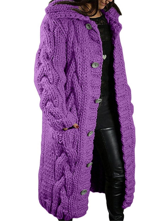 Women's Cardigan Sweater Hooded Cable Knit Acrylic Button Pocket Fall Winter Long Outdoor Going out Weekend Stylish Casual Soft Long Sleeve Pure Color Red Brown Black Light Green S M L