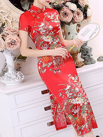Women's Dress - Cheongsam Floral Mandarin Collar Chinoiserie Dress Long Dress Maxi Dress Light Pink Black Blue Short Sleeve Spring Summer Weekend S M L XL XXL 3XL 4XL 5XL 6XL