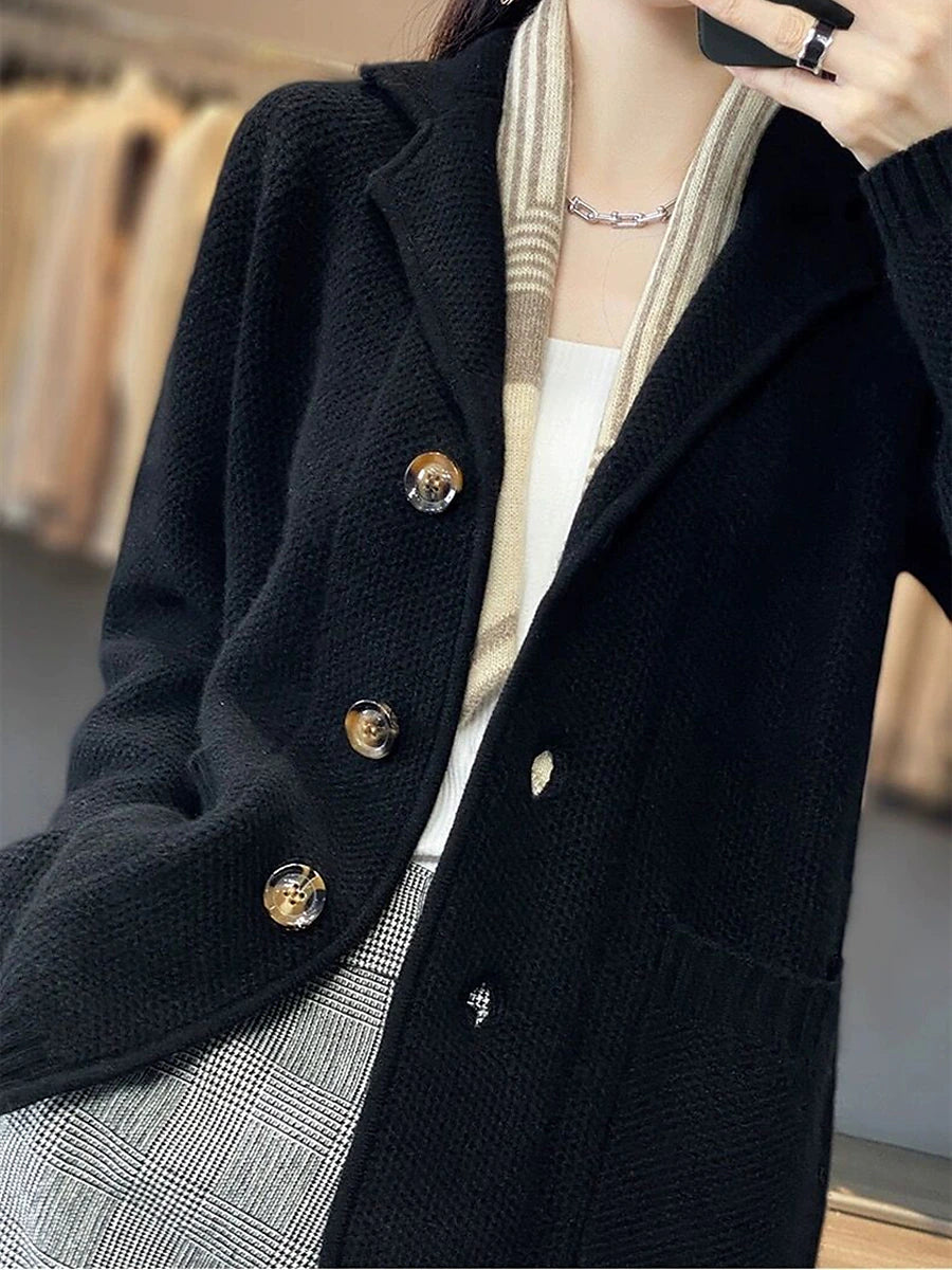 Women's Cardigan Sweater Jacket Shirt Collar Waffle Knit Acrylic Button Knitted Fall Winter Regular Outdoor Daily Going out Fashion Streetwear Casual Long Sleeve Solid Color off white Black S M L