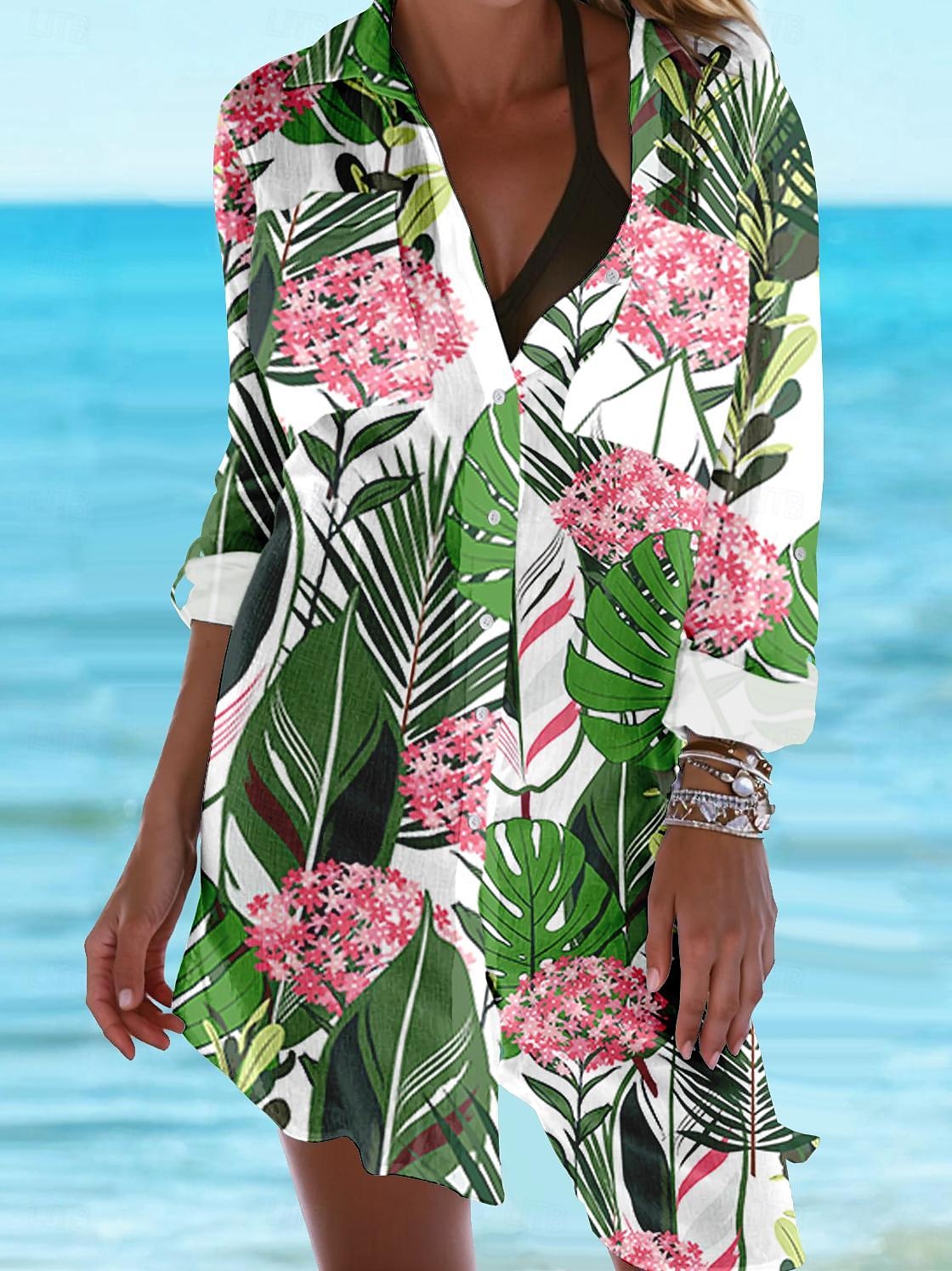 Hawaiian Shirt Women's Shirt Blouse Floral Casual Holiday Beach Button Print Purple Long Sleeve Vacation Hawaiian Beach Shirt Collar Spring &  Fall