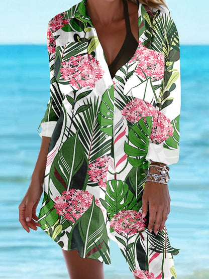 Hawaiian Shirt Women's Shirt Blouse Floral Casual Holiday Beach Button Print Purple Long Sleeve Vacation Hawaiian Beach Shirt Collar Spring &  Fall