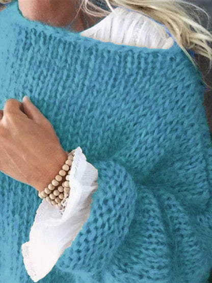 Women's Pullover Sweater Jumper Crew Neck Fuzzy Knit Acrylic Oversized Fall Winter Regular Outdoor Daily Going out Stylish Casual Soft Long Sleeve Solid Color Yellow Blue Purple S M L