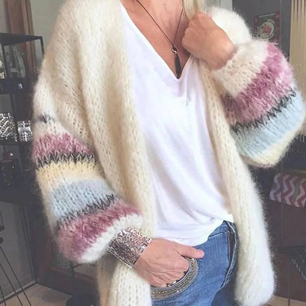 Women's Cardigan Sweater Open Front Ribbed Knit Acrylic Patchwork Fall Winter Long Daily Going out Weekend Stylish Casual Soft Long Sleeve Geometric Color Block Striped Yellow Light Green Pink S M L