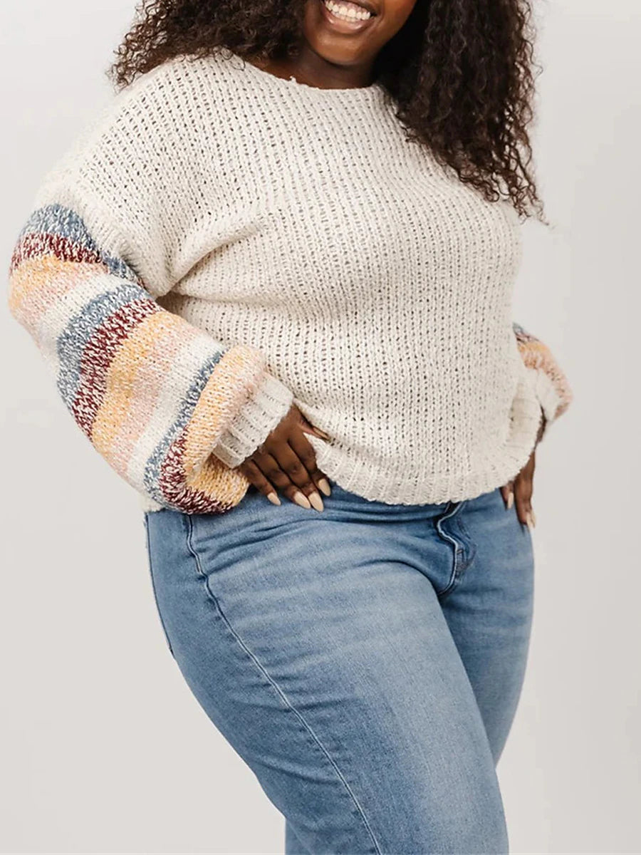 Women's Plus Size Pullover Sweater Jumper Crew Neck Ribbed Knit Polyester Patchwork Fall Winter Regular Outdoor Going out Weekend Stylish Plus Size Casual Long Sleeve Striped White XS S M